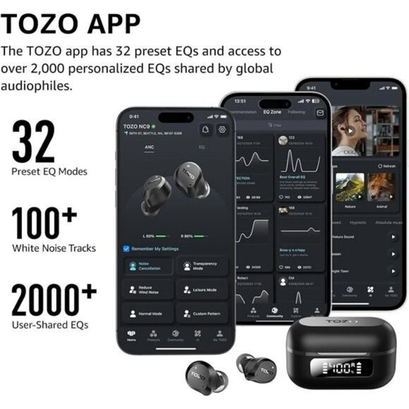 TOZO Noise Cancelling Wireless Earbuds Bluetooth 5.3 Stereo Bass Waterproof - Picture 2 of 7